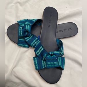 Rothys “The Knot” sandals in blue and green.